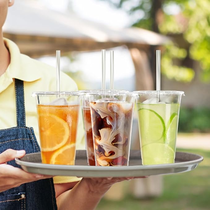 100 Pack - 24 oz Clear Plastic Cups with Lids and Straws, Sturdy & Food Safe Iced Coffee Cups with lids, Disposable Plastic Smoothie Cups for Cold Drinks