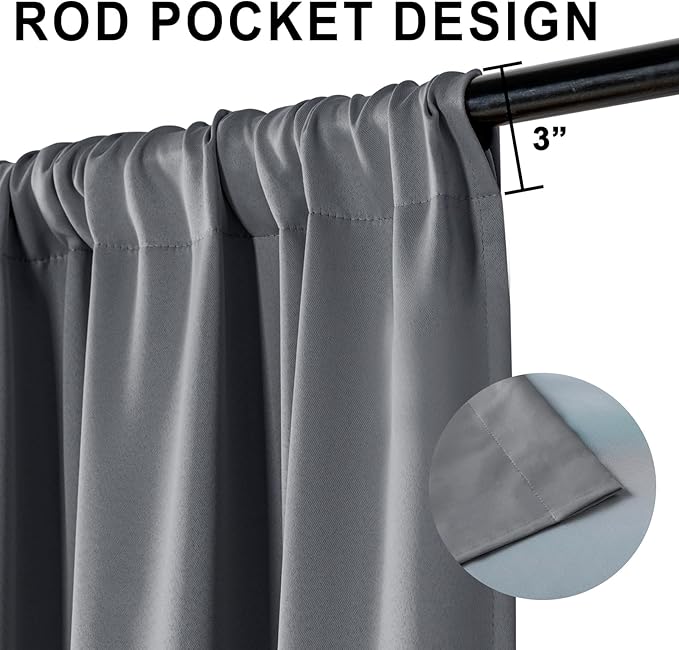 XWZO 100% Blackout Window Curtains - Thermal Insulated & Noise Reduction Black Liner Rod Pocket Window Treatment Sewn with Tiebacks for Bedroom/Living Room, Dark Grey, W42 x L72, Set of 2