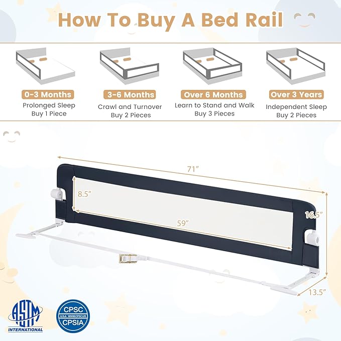 HONEY JOY Bed Rail for Toddlers, Extra Long, Foldable Portable Swing Down Safety Bed Guard Rail, Toddler Bed Rails for Crib, King Queen Full Twin Size Bed Mattress (Gray, 1 Pack, 71 Inch)