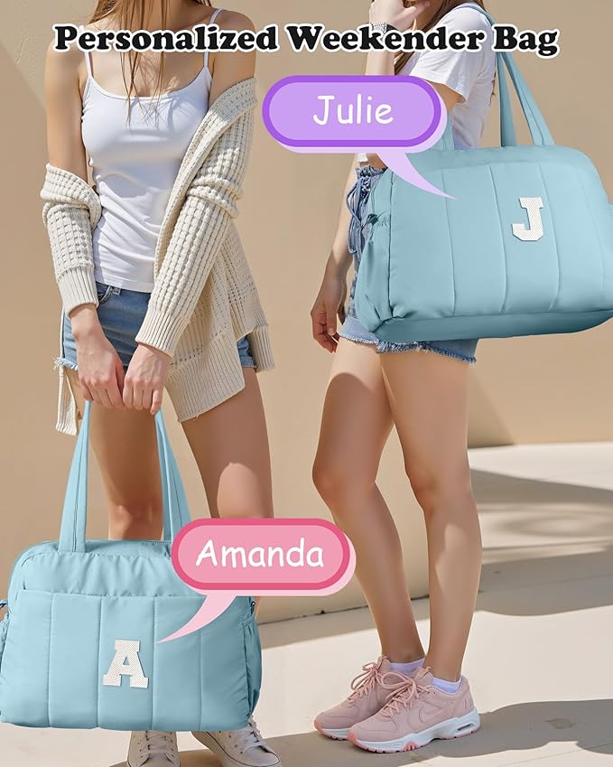 Duffle Bag, Weekender Bags for Girl，Birthday Gifts-Initial Overnight Bag with Wet Pocket，Lightweight Dance Bags Personalized Gymnastics bag with Makeup Pouch