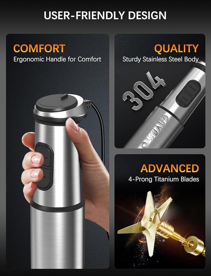 Immersion Blender Handheld GAVASTO Hand Blender,20 Speeds and Turbo Mode Hand Mixer, 3-in-1 Heavy Duty Copper Motor Stainless Steel