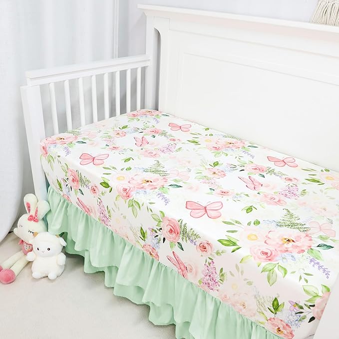 4-Piece Crib Bedding Set, Baby Girl Crib Bedding Set Butterflies Floral Nursery Bedding Set Includes Comforter, Fitted Crib Sheet, Crib Skirt, and Diaper Stacker, Green & Pink