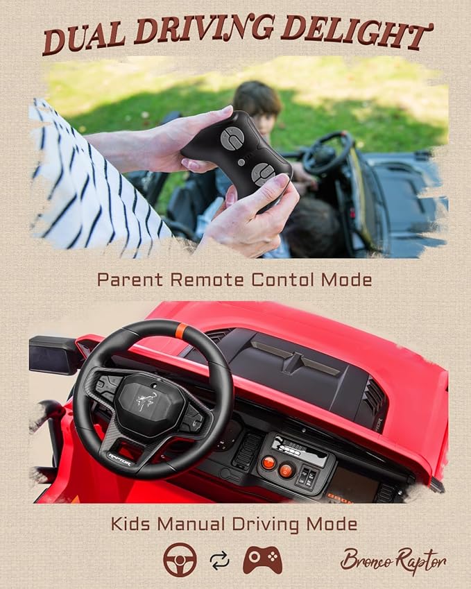 Ford Bronco 24V Ride on Toys for Boys & Girls, 2 Seater Kids Electric Car with Remote Control, Kids Ride on Truck with 4 Wheels Suspension, Led Lights, Safety Belt (24V, Red)