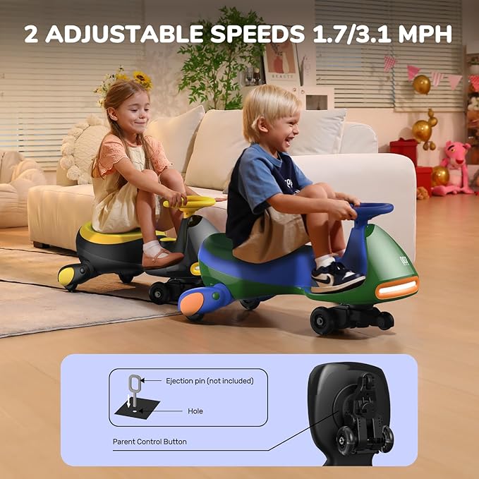 FanttikRide 6V N7 Classic Electric Wiggle Car with Pedal, Rechargeable Battery, Ride on Toys, Swing Car, 2 Speeds, Anti-Rollover, Flashing Light Wheels, Bluetooth, for Ages 3 and Up, 150 Lbs, Yellow