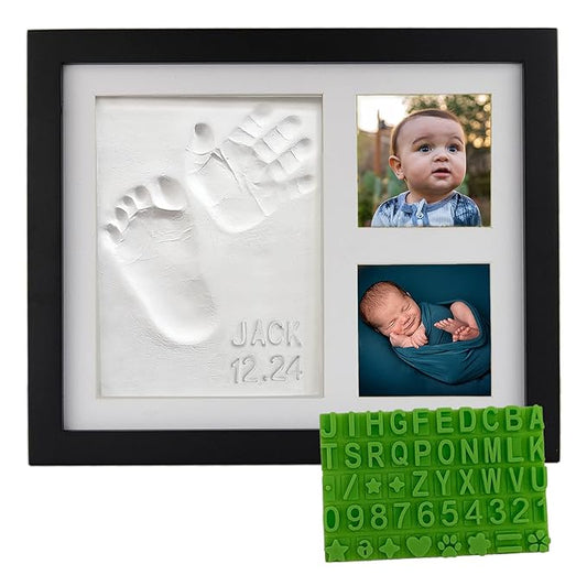Baby Hand & Footprint Clay Keepsake Photo Frame Kit - w/Silicone Stencil for a Personalized Gift. Wood Frame, Wall/Table Mount. Perfect Registry, Baby Shower, New Mom, Birthday & Newborn Gift - Black