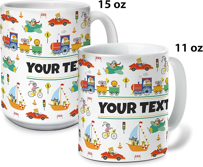 Personalized Mug for Kids - Vehicles - Custom Name/Text, Ceramic Hot Chocolate/Cocoa/Coffee Cup for Boys, Birthday/Christmas/Holiday Gift - 11 oz, Pink Handle