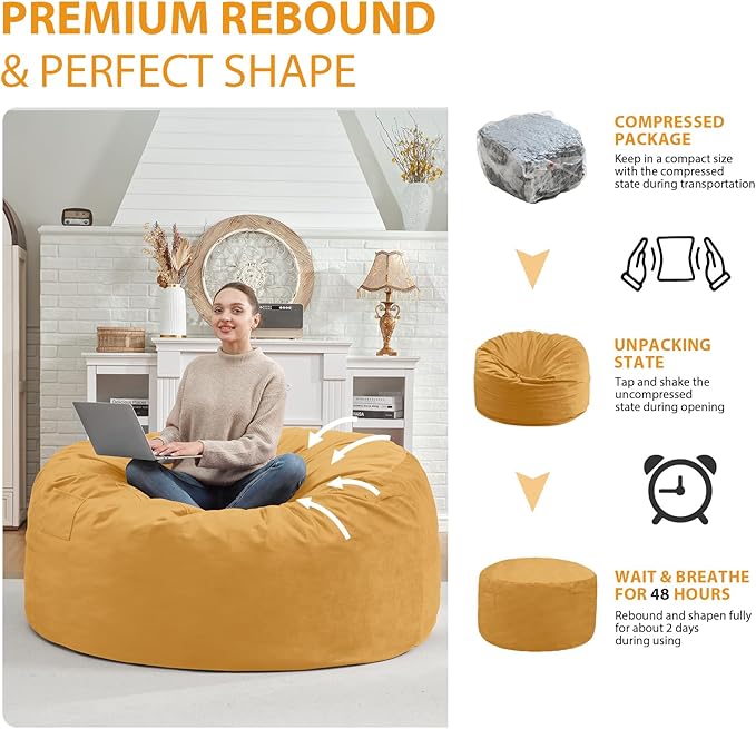 4FT Bean Bag Chair, Large Bean Bag Chairs with Memory Foam Filled, Fluffy Beanbag Sofa with Dutch Velvet Cover, Round BeanBag Chairs for Living Room, Playroom - Mustard