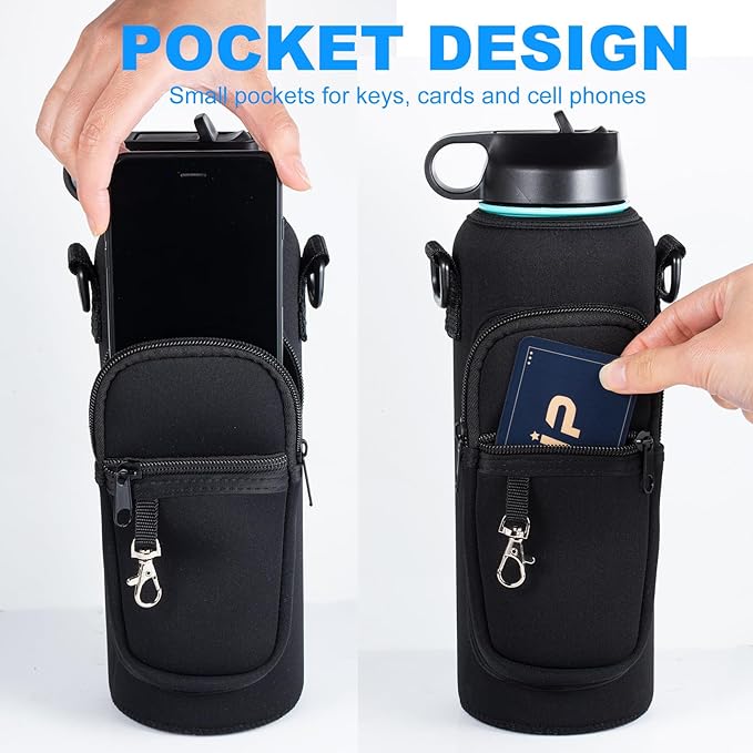 Water Bottle Holder with Strap for Hydroflask 32oz 40oz, Carrier Sling Bag with Phone Pocket Sleeve for Men Women Hiking Camping Travelling（Cream40oz）