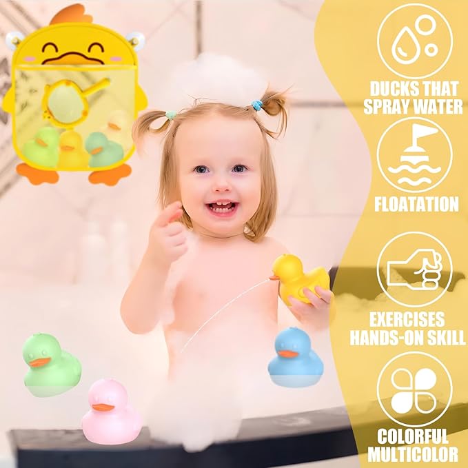 6Pcs Mold-Free Bath Toy Silicone Duck Set for Toddlers 1-3 Years and Babies 6-12 Months, Dishwasher Safe, with Duck Fishing Net and Storage Bag