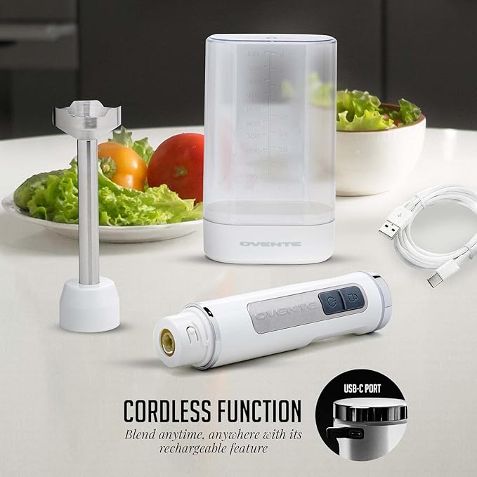 OVENTE Cordless Immersion Hand Blender, Rechargeable Handheld Portable Stick Mixer with 8 Mixing Speed Option, One-Touch Control and Stainless Steel Blades for Smoothies, Shakes or Soups, White HR781W