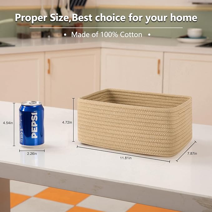 4 Pack Small Storage Shelf Baskets for Organizing, Mini Woven Rope Storage Bins for Towels, Cute Decorative Closet Organizer，Baby Nursery, Gift Empty Baskets -11.81''Lx7.87''Wx4.72''H-Jute