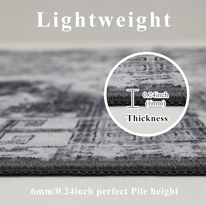 4x6 Washable Area Rug for Living Room, Carpet for Bedroom, Soft Faux Wool Retro Dining Room Rug, Non Slip&Non-Shedding Resistant Low Pile Vintage Print Rug for Home Office (Medium Gray)