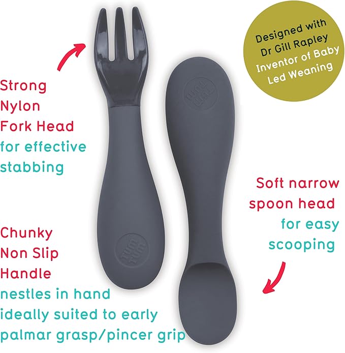 Baby Cutlery Set With Case, Spoon & Fork for Self Feeding, Silicone, 6 Months Plus (Grey)