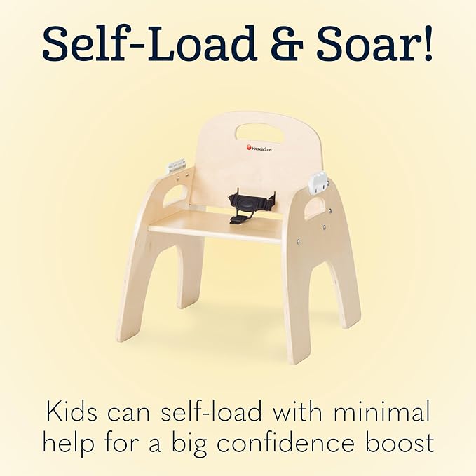Foundations Easy Serve 9" Wood Feeding Chair for Toddlers, Adjustable Harness, Removable Dishwasher Safe Tray, “No Tip” Base, Baltic Birch Plywood