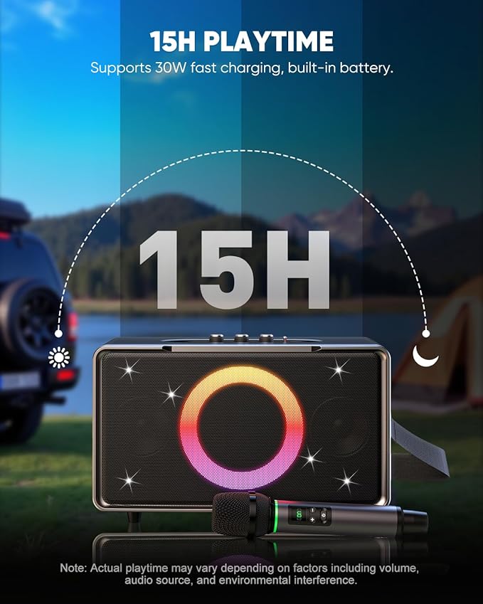 GFEEN Portable Bluetooth Speaker: 200W Peak, 15H Playtime, Wireless Speakers with Microphone, 5″ Subwoofer, Loud Sound, Light Show, Fast Charging for Outdoor, Party, Backyard(Silver with 1Mic)