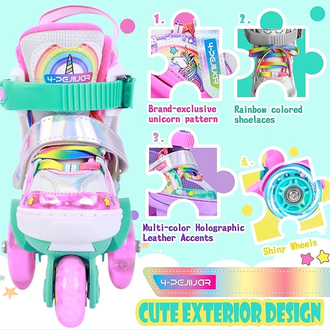 4-Pejiijar Rainbow Unicorn Kids Roller Skates for Girls Toddler Ages 2-4 5-8 8-12,Adjustable Roller Shoes with Luminous Wheels for Birthday Xmas Gifts