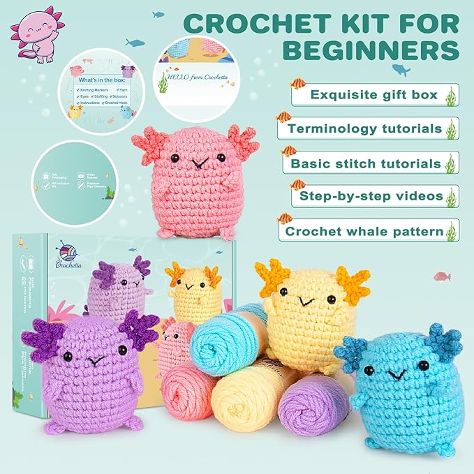Crochetta Crochet Kit for Beginners, Crochet Starter Kit w Step-by-Step Video Tutorials, Beginner Crochet Kit for Adults Kids Women Men Complete Kit Included (4 Mini Axolotls)