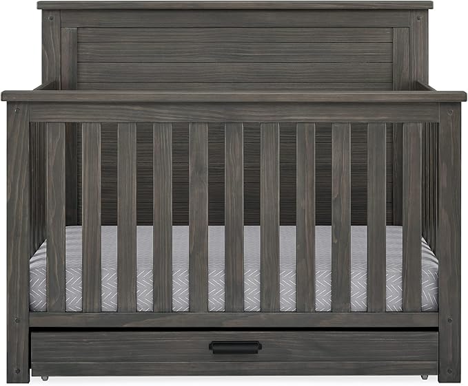 Delta Children Simmons Kids Caden 6-in-1 Convertible Crib with Trundle Drawer, Greenguard Gold Certified, Rustic Grey