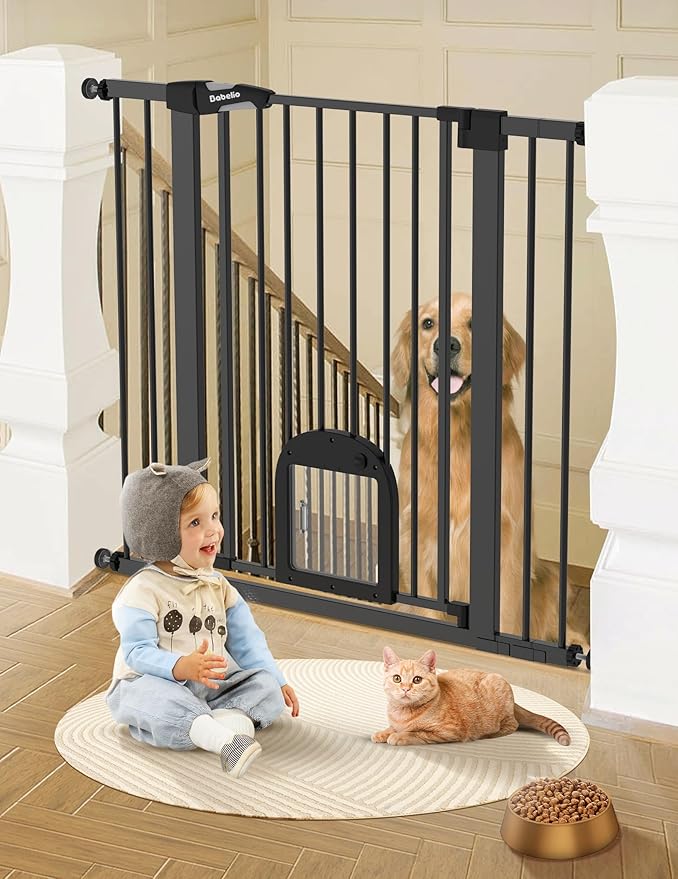 Babelio 36" Tall Upgraded Baby Gate with Cat Door,29-43" Auto Close Durable Dog Gate for Stairs,Doorways and House,Easy Walk Thru,Includes 4 Wall Cups,Black