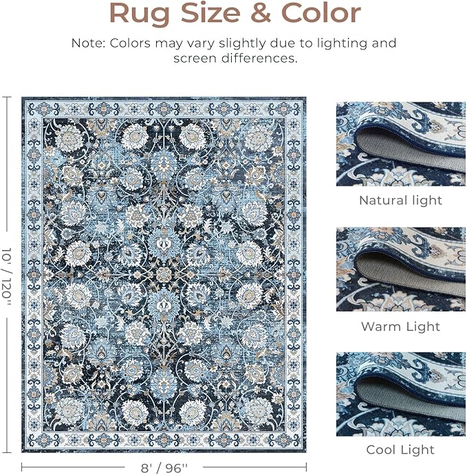 Floral 8x10 Area Rug for Living Room, Large Washable Blue Rugs, Soft Non Slip Carpets, Stain Resistant Low Pile Carpet for Indoor Dining Bedroom Under Table Home Office Nursery, Blues Garden