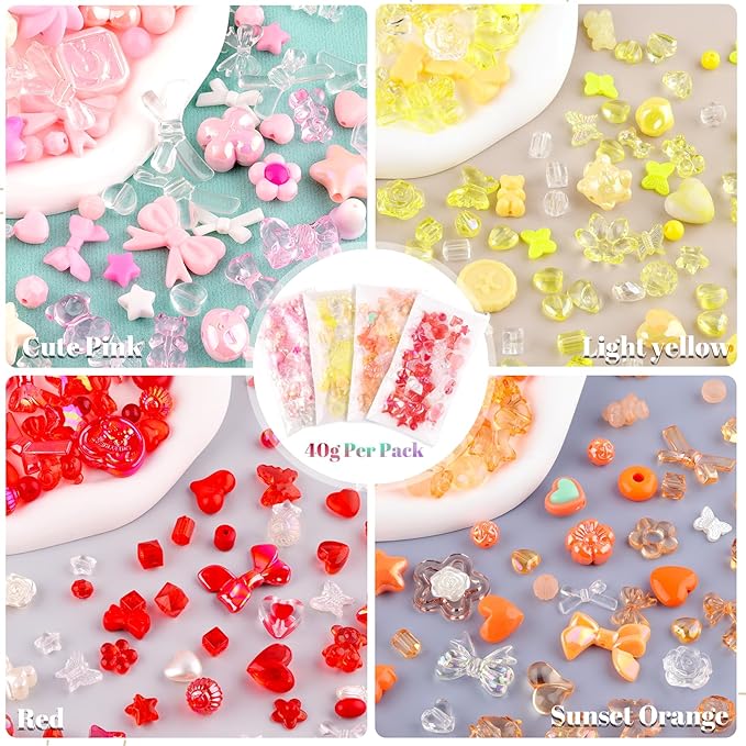 Assorted 180-240PCS Acrylic Beads For Bracelet Making, Flower Bow Butterfly Candy Gummy Bear Kawaii Aesthetic Bracelet Charms,Cute Beads For Jewelry Making DIY Necklace Keychain Phone Charm