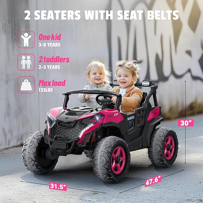 24V 2 Seater Ride on Car Truck, 4x200W, EVA Tires, 4WD/2WD, Rainbow Lights, Remote Control, Shock Absorbers, Bluetooth, Ride On UTV Toy for Kids Ages 3-8, Pink