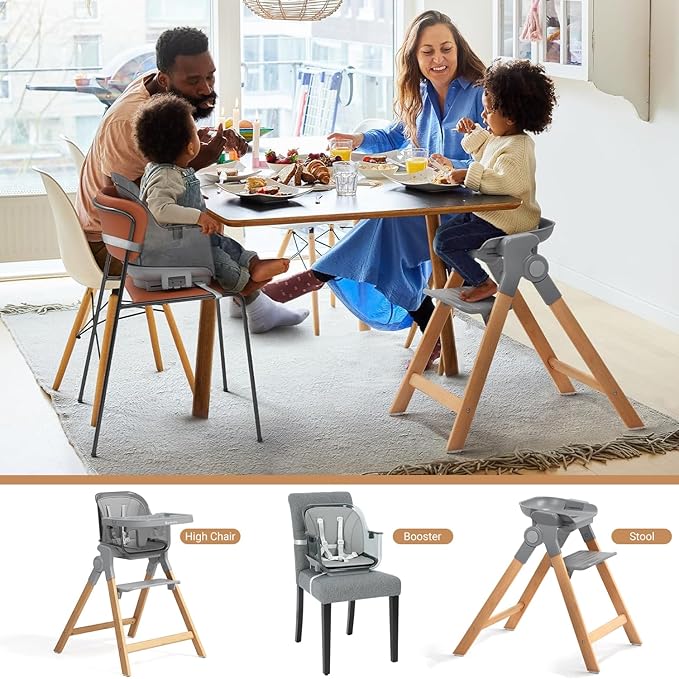 Ezebaby Foldable Wooden High Chairs, 3-in-1 Convertible Baby High Chair, Dining Booster Seat, Toddler Chair, Easy Clean High Chairs for Babies and Toddlers with Large Adjustable Tray- Transparent Gray