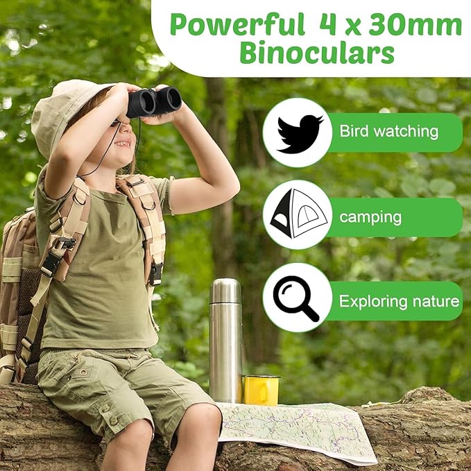 Hiboom 16 Set Kids Binoculars Bulk Shockproof Folding Children Mini Compact Binoculars Compass Magnifying Glass for 3-12 Years Boys Girls Kids Bird Watching Camping Outdoor Play