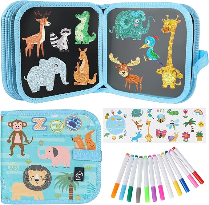 Erasable Doodle Set for Kids - Reusable Magic Drawing Book with 12 Watercolor Pens 14 Page Drawing, Road Trip Car Game Writing Painting Set for Boys and Girls (Blue Zoo)
