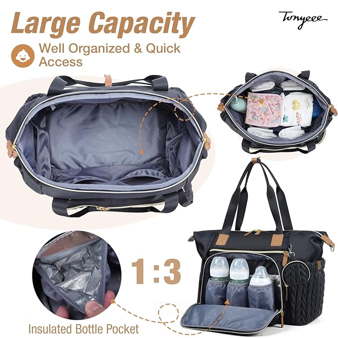 Diaper Bag Tote, Large Diaper Bags Waterproof, Hospital Bag for Labor Delivery, Baby Bag with Pacifier Case, Travel Diaper Tote with Changing Pad, Black