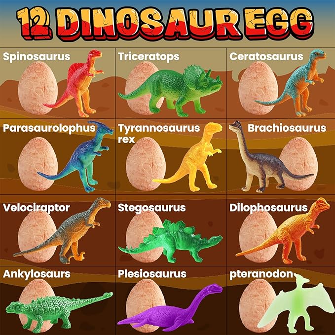 Dino Eggs Excavation Dig Kit-12 Unique Dinosaur Eggs with Educational Learning Cards -Easter Eggs STEM Science Activities - Educational Toy Gift for Kids Boys Girls Age 3+
