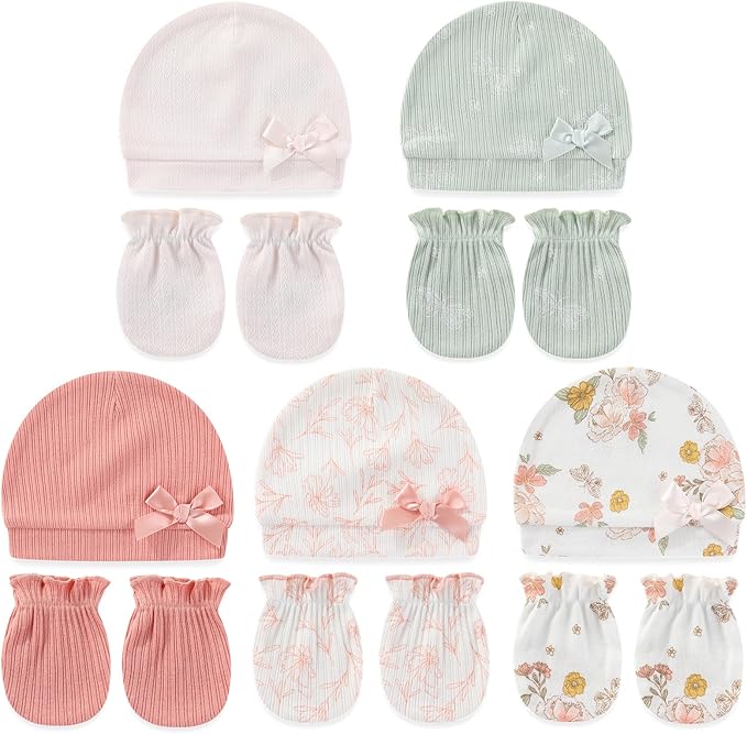 Cute Baby Girl Hats Mittens Set 10-Pack New Born Boy Caps Gloves Suit 0-6 Months Infant Accessories