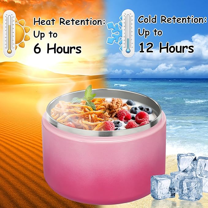 12oz Insulated Vacuum Food Jar with Buckle Lid Wide Mouth Soup Thermo for Hot Food Kids Leakproof Stainless Steel Lunch Container (Gradient Pink, 12OZ)