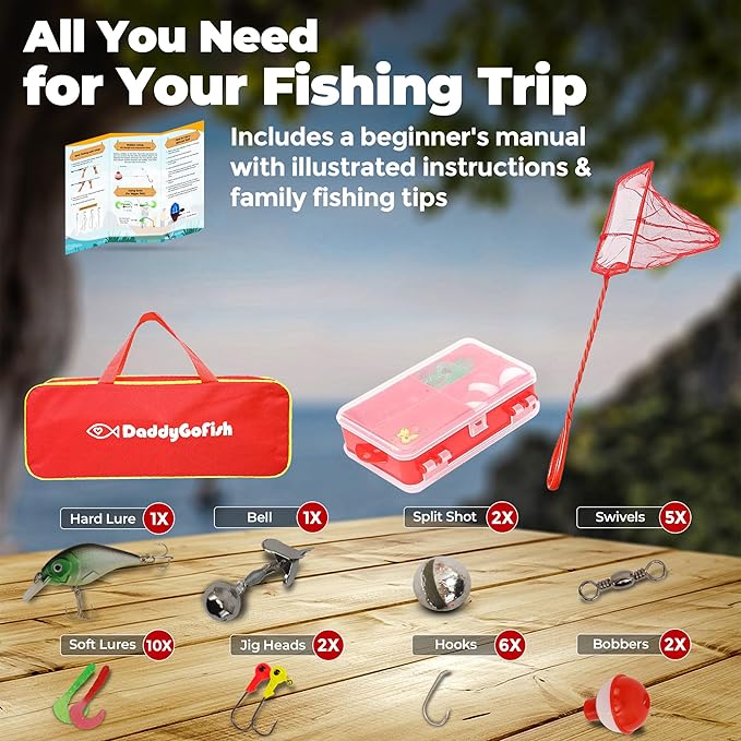 DaddyGoFish Kids Fishing Pole - Rod Reel Combo Tackle Box Starter Set - First Year Small Gear Kit for Boys Girls Toddler Youth Age Beginner Little Children