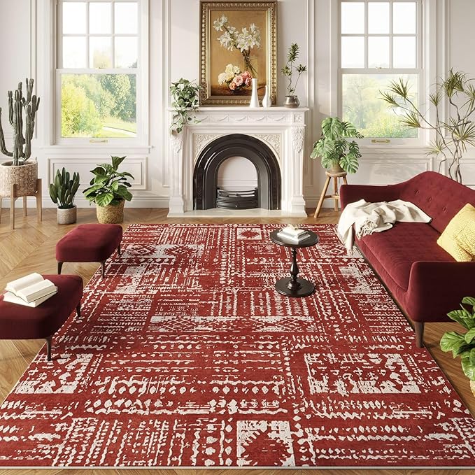 Area Rugs 8x10 Rug for Living Room Clearance Washable Boho Area Rug Non Slip Moroccan Vintage Low Pile Large Rug for Living Room, Bedroom, Farmhouse, Dining Room, Kids Playroom(Terracotta)
