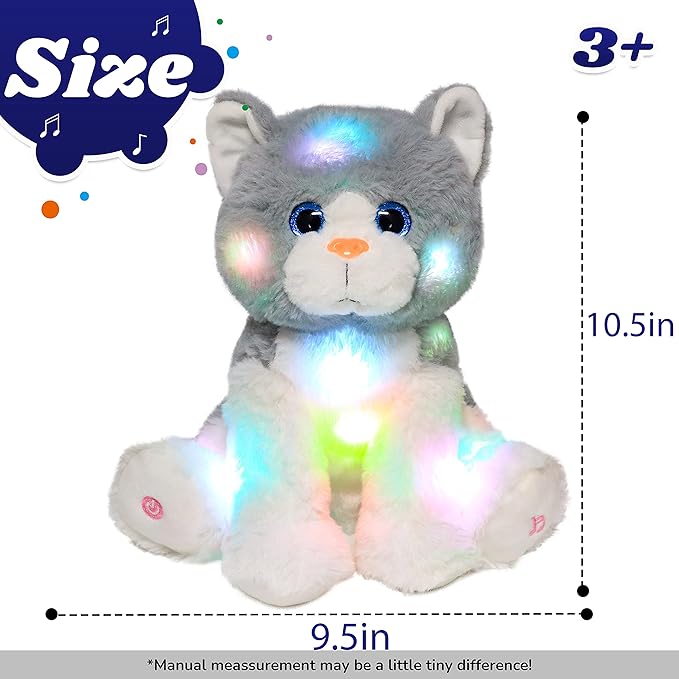 Cuteoy Light-up Singing Plush Cat LED Musical Kitty Stuffed Animal Adjustable Volume Lullaby Plushies Birthday Christmas Toy Gifts for Kids Toddler Girls, 10.5"