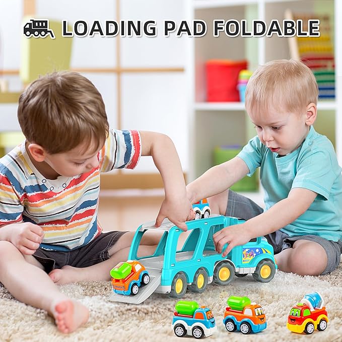 Veslier Toy Trucks Car for 1 2 3 4 5 Year Old Toddlers Boys Girls,Trucks Toys 5 in 1 Construction Vehicles Toys for Kids Boys Girls,Car Trucks Toys with Light Sound,Christmas Birthday Gifts.