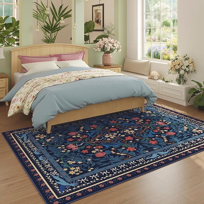5x7 Washable Rug Vintage Floral Botanical Area Rug Non Slip Low Pile Large Rugs for Living Room, Bedroom, Farmhouse, Dining Room, Kids Playroom, Blue