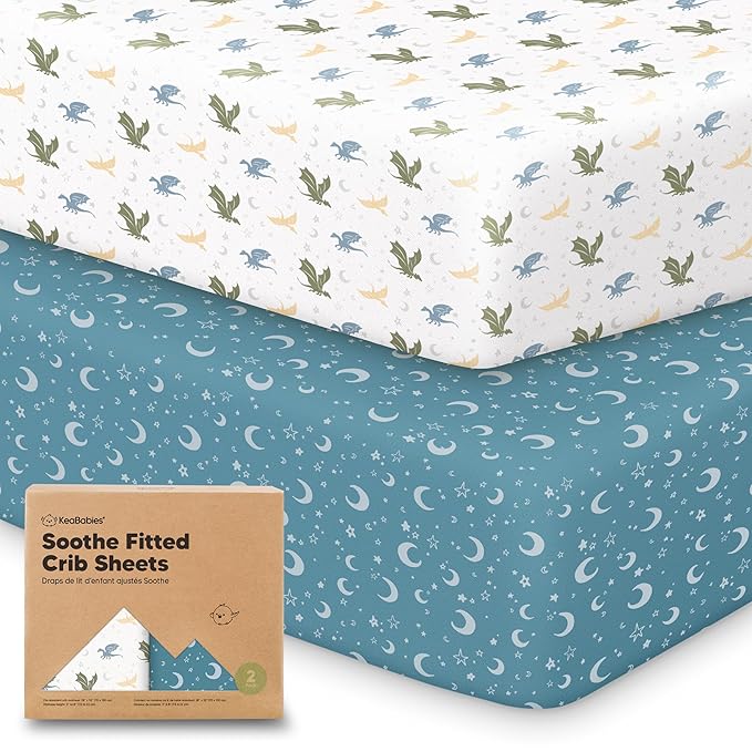 KeaBabies 2-Pack Organic Crib Sheets for Boys, Girls - 52x28 Fitted Crib Mattress Sheet Neutral, Breathable Jersey Cotton Cover for Baby Bed, Toddler Mattress, Soft & Cute Prints (Dragon Tale)