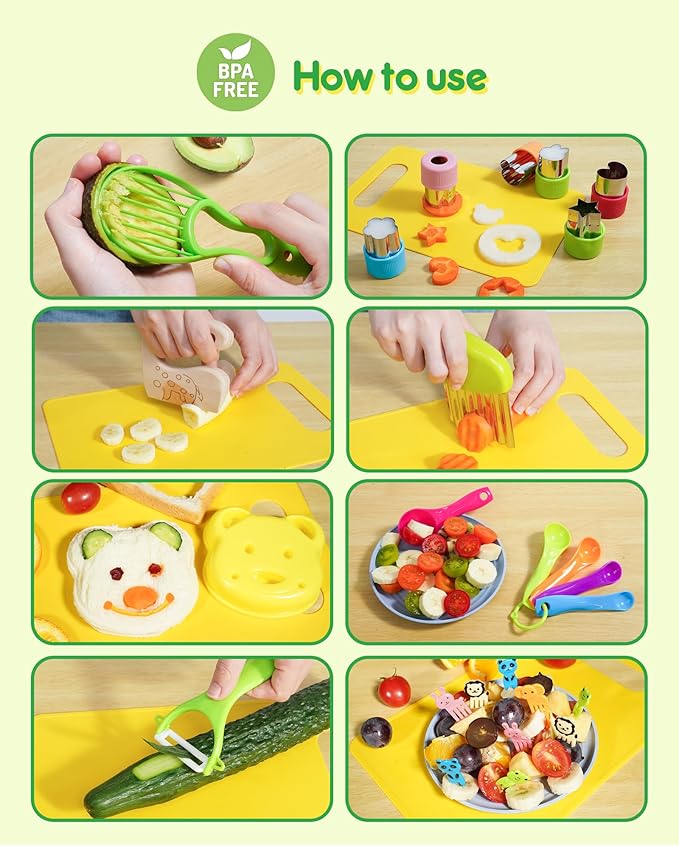 38 Pcs Kids Knife Set, BPA Free Montessori Kitchen Cooking Tools-Kid Safe Knifes, Crinkle Cutters, Avocado Slicer, Cutting Board, Peeler, Apron Gloves Set, Kitchen Tools for 3+ Year Old Girl Boy