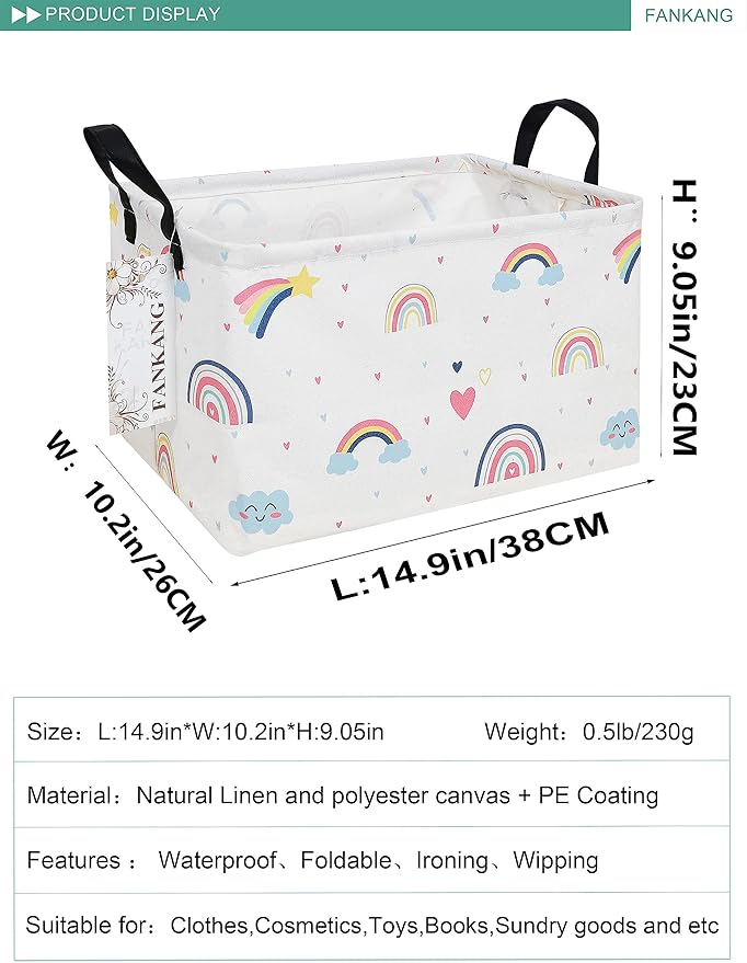 FANKANG Storage Bins, Nursery Hamper Canvas Laundry Basket Foldable with Waterproof PE Coating Large Storage Baskets for Kids Boys and Girls, Office, Bedroom, Clothes,Toys(Rec-Love Rainbow