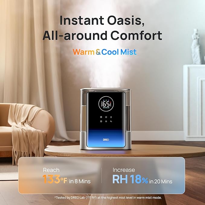 Dreo 8L Smart Humidifier Large Room 600ft², 80H Runtime Supersized Warm and Cool Mist Humidifiers for Bedroom Baby, 28dB Quiet Air Humidifier for Plants Indoor, Home, Whole House, Silver, HM717S