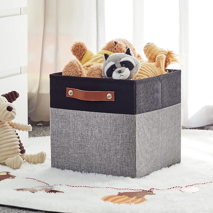 HNZIGE Fabric Cube Storage Baskets 11x11, Set of 4, Foldable Baskets with Handlesfor Organizer Closet(Black Gray)