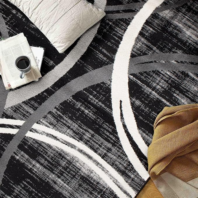 Rugshop Modern Wavy Circles Design Area Rug 6'6" x 9' Black