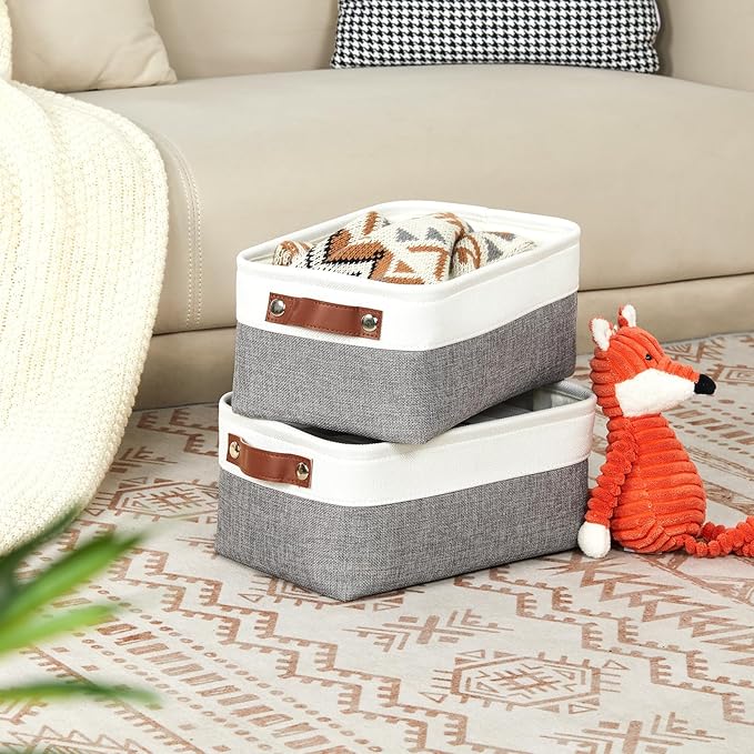 DULLEMELO Storage Baskets for Shelves, Small Fabric Storage Bins with Handles, Decorative Foldable closet storage baskets for organizing shelves(White&Grey, 2 Pack)