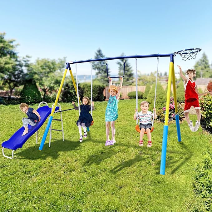 5-in-1 Backyard Swing Set for Kids Ages 3-8 | Outdoor Playset with Slide, 2 Safe Swing Seats, Basketball Hoop & Gymnastics Rings | Heavy-Duty HDPE & Steel Frame