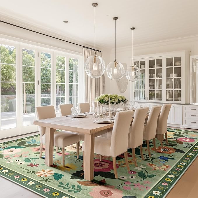 Floral 5x7 Area Rug Machine Washable Soft Print Boho Carpet Non Slip Doormat Low Pile Flower Area Rugs for Living Room Bedroom Nursery Kitchen Dining Room Indoor-Light Green