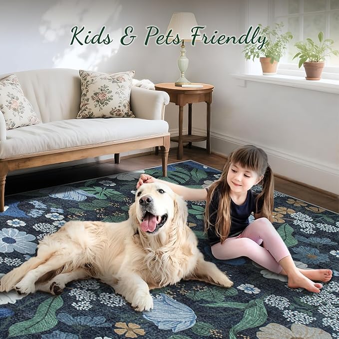 9x12 Area Rug for Living Room: Vintage Floral Washable Rug Soft Boho Non Slip Carpet Large Indoor Floor Non Shedding Low Pile Thin Carpets for Bedroom Dining Room Farmhouse Nursery Home Office Blue