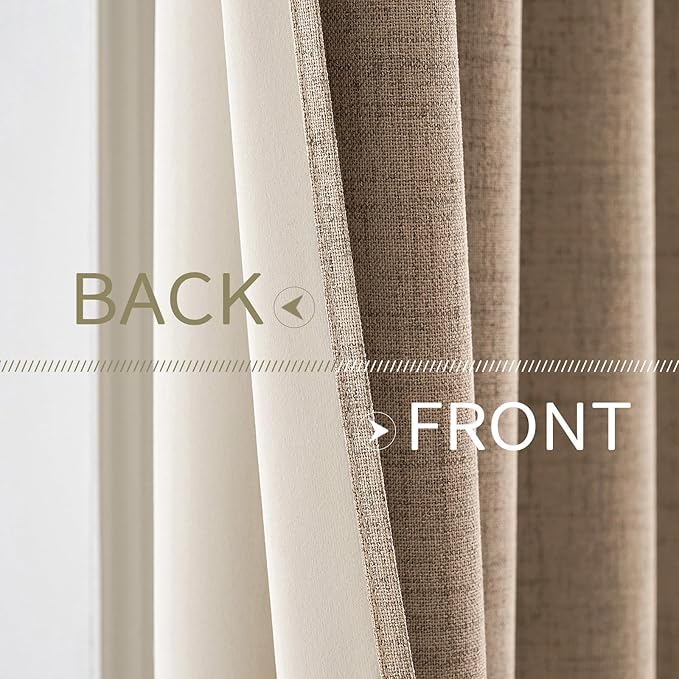 MIULEE 100% Blackout Linen Textured Curtains for Bedroom Solid Thermal Insulated Copper Brown Grommet Room Darkening Curtains & Drapes Luxury Decor for Living Room Nursery 52 x 84 Inch (2 Panels)