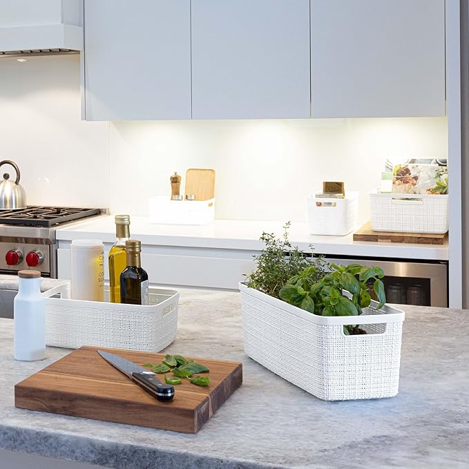 Curver Jute Decorative Plastic Organization and Storage Basket Perfect Bins for Home Office, Closet Shelves, Kitchen Pantry and All Bedroom Essentials, Slim, White, Set of 8